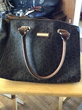 Inspired by Calvin Klein Black Brown Monogram Satchel with Gold Accent